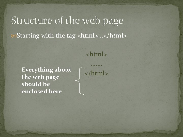 Structure of the web page Starting with the tag <html>. . . </html> Everything