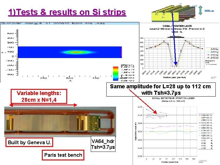 1)Tests & results on Si strips Variable lengths: 28 cm x N=1, 4 Built