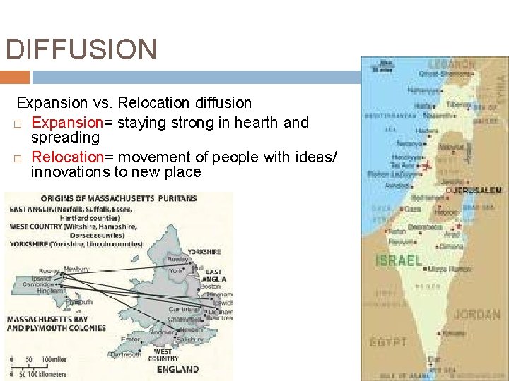 DIFFUSION Expansion vs. Relocation diffusion Expansion= staying strong in hearth and spreading Relocation= movement