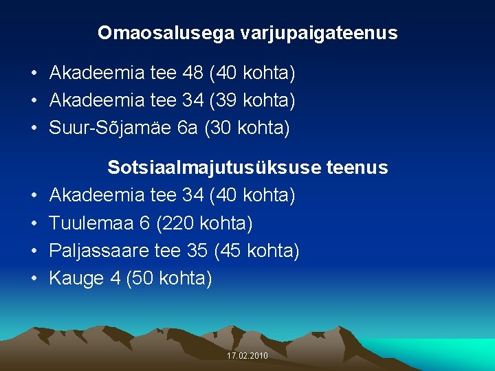 Omaosalusega varjupaigateenus • Akadeemia tee 48 (40 kohta) • Akadeemia tee 34 (39 kohta)