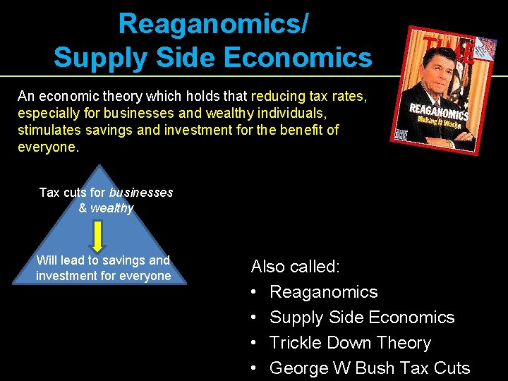 Reaganomics/ Supply Side Economics An economic theory which holds that reducing tax rates, especially