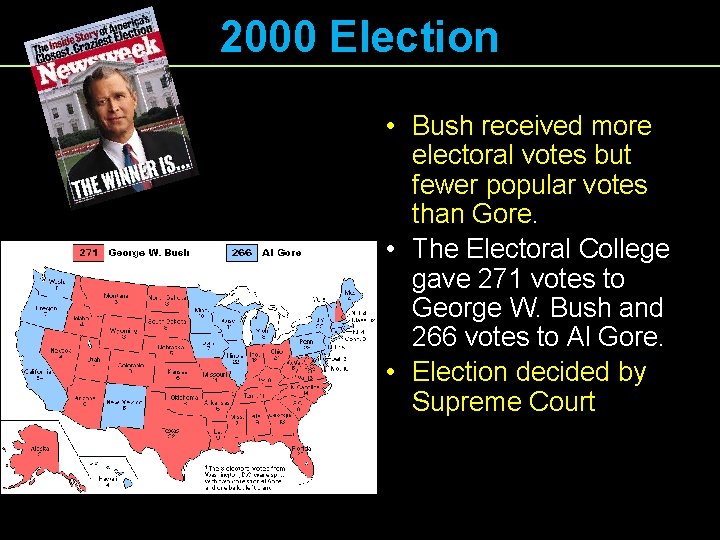 2000 Election • Bush received more electoral votes but fewer popular votes than Gore.
