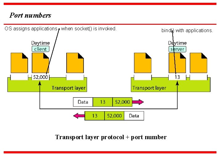 Port numbers OS assigns applications when socket() is invoked. bind() with applications. Transport layer