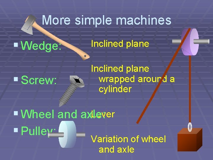 More simple machines § Wedge: Inclined plane § Screw: Inclined plane wrapped around a