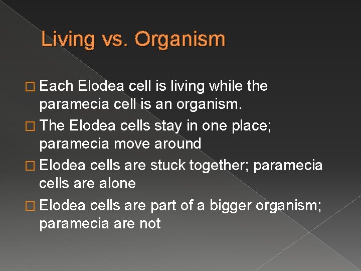 Living vs. Organism � Each Elodea cell is living while the paramecia cell is