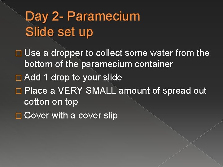 Day 2 - Paramecium Slide set up � Use a dropper to collect some