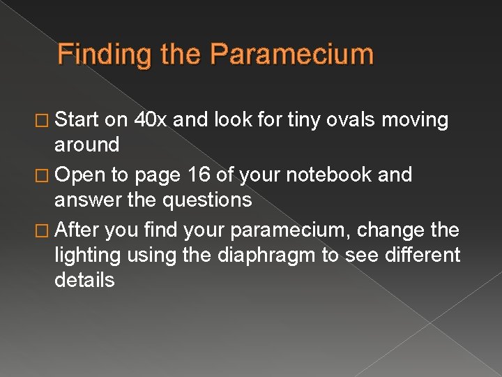 Finding the Paramecium � Start on 40 x and look for tiny ovals moving