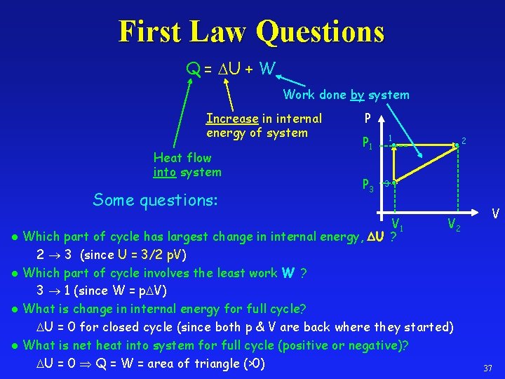 First Law Questions Q = U + W Work done by system Increase in