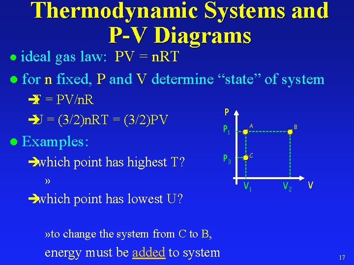 Thermodynamic Systems and P-V Diagrams ideal gas law: PV = n. RT l for