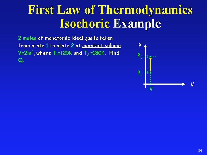First Law of Thermodynamics Isochoric Example 2 moles of monatomic ideal gas is taken