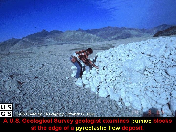 A U. S. Geological Survey geologist examines pumice blocks at the edge of a