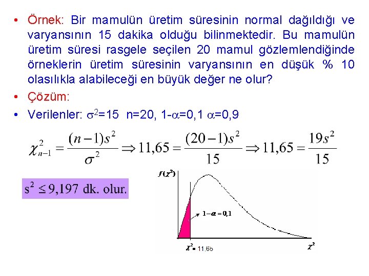  • Örnek: Bir mamulün üretim süresinin normal dağıldığı ve varyansının 15 dakika olduğu