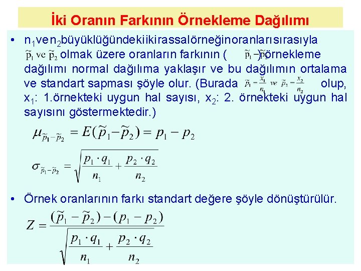 İki Oranın Farkının Örnekleme Dağılımı • n 1 ve n 2 büyüklüğündeki iki rassal