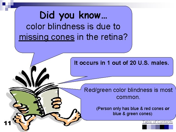 Did you know… color blindness is due to missing cones in the retina? It