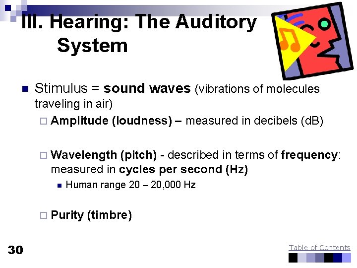 III. Hearing: The Auditory System n Stimulus = sound waves (vibrations of molecules traveling