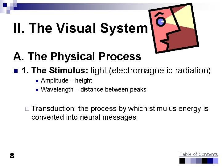 II. The Visual System A. The Physical Process n 1. The Stimulus: light (electromagnetic