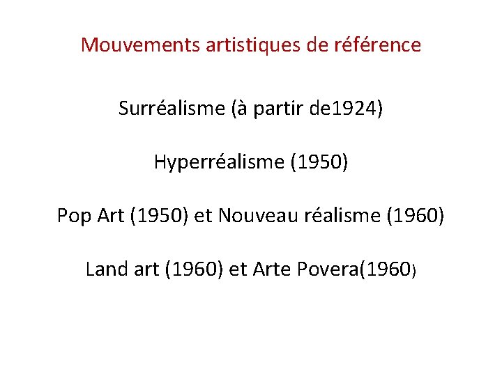 Mouvements artistiques de référence Surréalisme (à partir de 1924) Hyperréalisme (1950) Pop Art (1950)