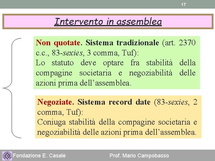 17 Intervento in assemblea Non quotate. Sistema tradizionale (art. 2370 c. c. , 83