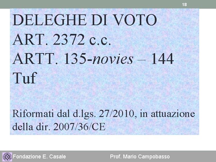 18 DELEGHE DI VOTO ART. 2372 c. c. ARTT. 135 -novies – 144 Tuf