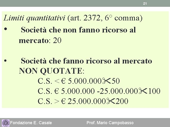 21 Limiti quantitativi (art. 2372, 6° comma) • Società che non fanno ricorso al