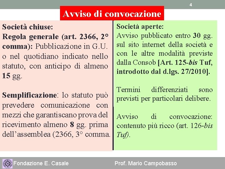 4 Avviso di convocazione Società chiuse: Regola generale (art. 2366, 2° comma): Pubblicazione in