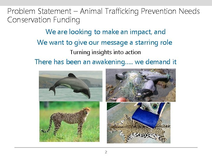 Problem Statement – Animal Trafficking Prevention Needs Conservation Funding We are looking to make