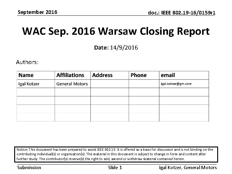 September 2016 doc. : IEEE 802. 19 -16/0159 r 1 WAC Sep. 2016 Warsaw