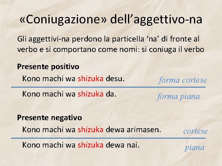  «Coniugazione» dell’aggettivo-na Gli aggettivi-na perdono la particella ‘na’ di fronte al verbo e