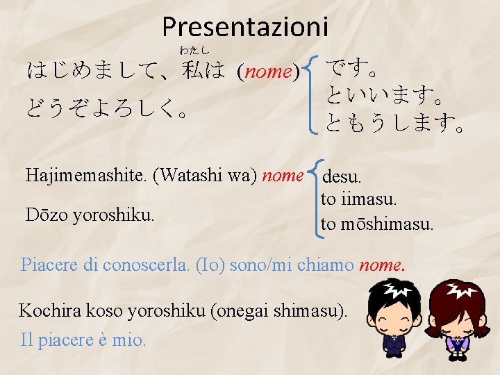 Presentazioni わたし はじめまして、私は (nome) どうぞよろしく。 です。 といいます。 ともうします。 Hajimemashite. (Watashi wa) nome desu. to