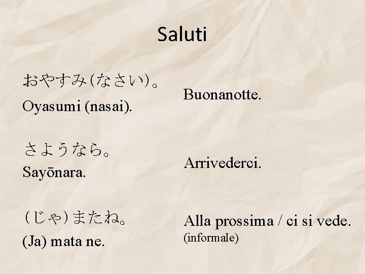 Saluti おやすみ(なさい)。 Oyasumi (nasai). さようなら。 Sayōnara. (じゃ)またね。 (Ja) mata ne. Buonanotte. Arrivederci. Alla prossima