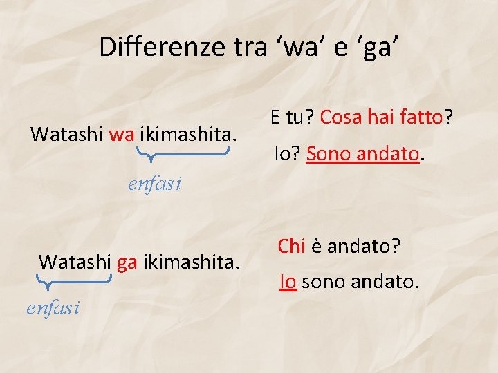 Differenze tra ‘wa’ e ‘ga’ Watashi wa ikimashita. E tu? Cosa hai fatto? Io?