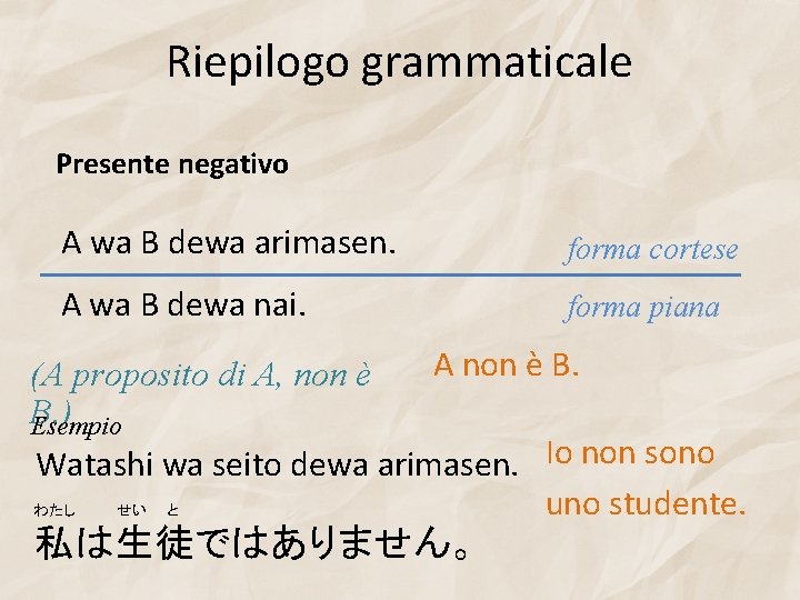 Riepilogo grammaticale Presente negativo A wa B dewa arimasen. forma cortese A wa B