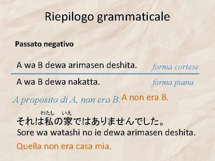 Riepilogo grammaticale Passato negativo A wa B dewa arimasen deshita. forma cortese A wa