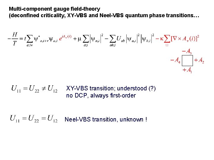 Multi-component gauge field-theory (deconfined criticality, XY-VBS and Neel-VBS quantum phase transitions… XY-VBS transition; understood