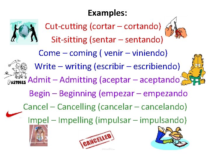 Examples: Cut-cutting (cortar – cortando) Sit-sitting (sentar – sentando) Come – coming ( venir