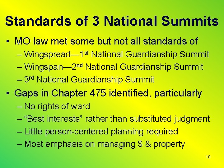 Standards of 3 National Summits • MO law met some but not all standards