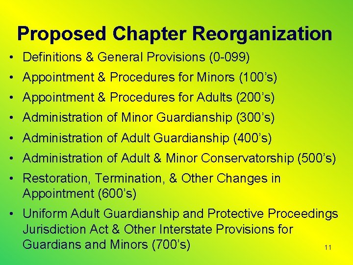 Proposed Chapter Reorganization • Definitions & General Provisions (0 -099) • Appointment & Procedures