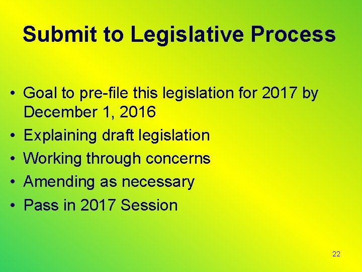 Submit to Legislative Process • Goal to pre-file this legislation for 2017 by December