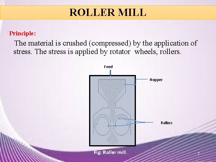 ROLLER MILL Principle: The material is crushed (compressed) by the application of stress. The ROLLER MILL Principle: The material is crushed (compressed) by the application of stress. The