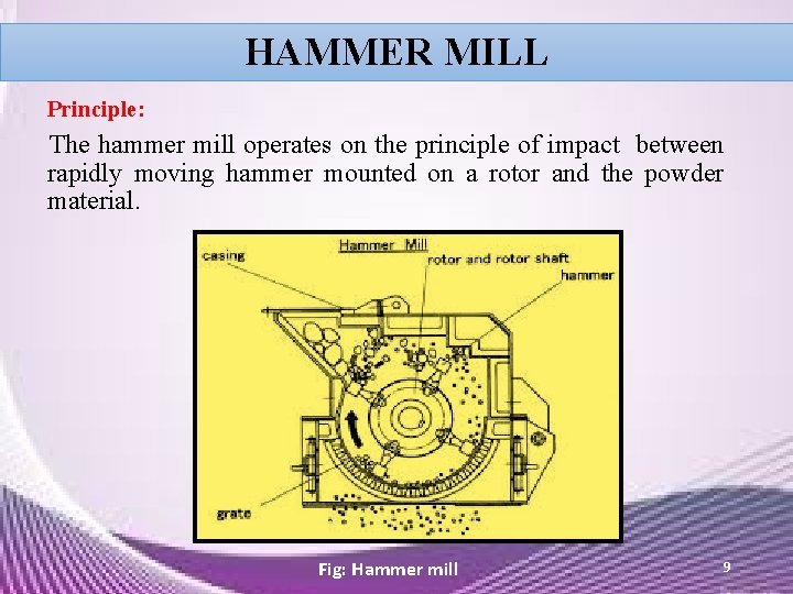 HAMMER MILL Principle: The hammer mill operates on the principle of impact between rapidly HAMMER MILL Principle: The hammer mill operates on the principle of impact between rapidly