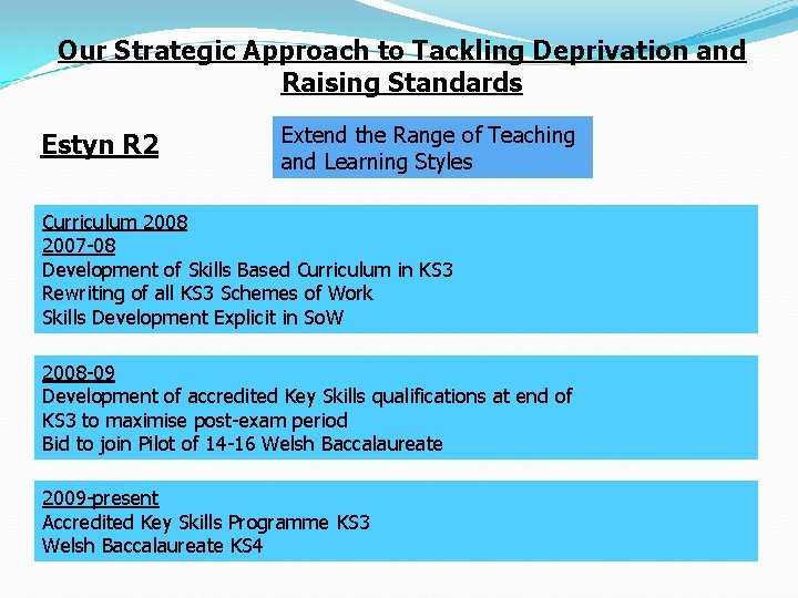 Our Strategic Approach to Tackling Deprivation and Raising Standards Estyn R 2 Extend the