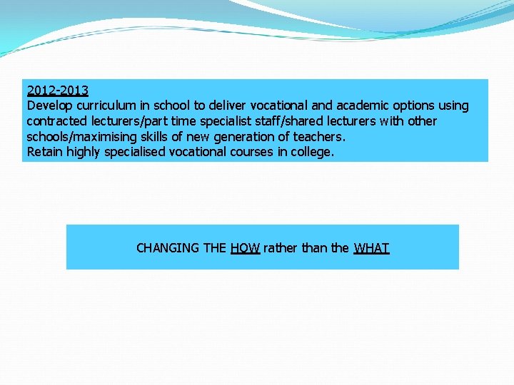 2012 -2013 Develop curriculum in school to deliver vocational and academic options using contracted