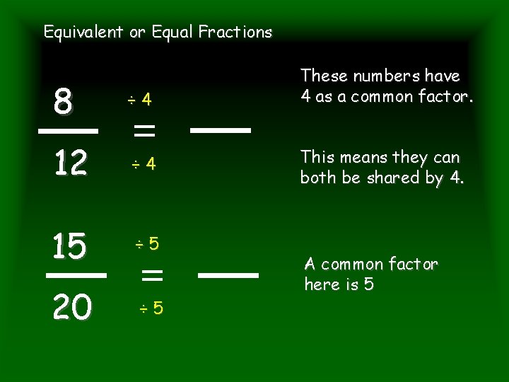 Equivalent or Equal Fractions 8 ÷ 4 12 ÷ 4 15 ÷ 5 20