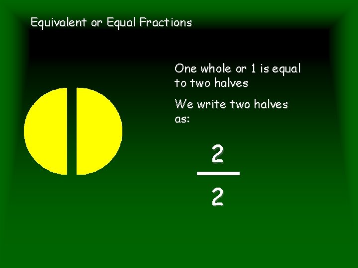 Equivalent or Equal Fractions One whole or 1 is equal to two halves We