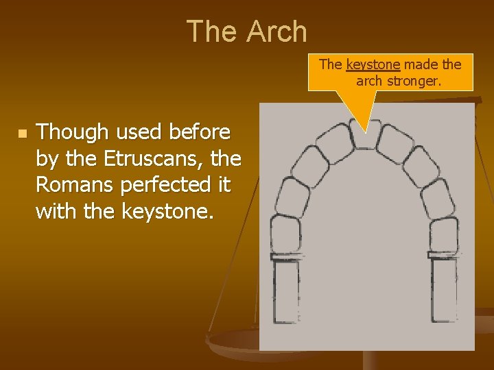 The Arch The keystone made the arch stronger. n Though used before by the