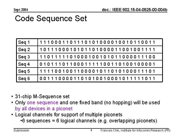 doc. : IEEE 802. 15 -04 -0525 -00 -004 b Sept 2004 Code Sequence