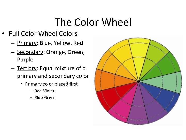 The Color Wheel • Full Color Wheel Colors – Primary: Blue, Yellow, Red –