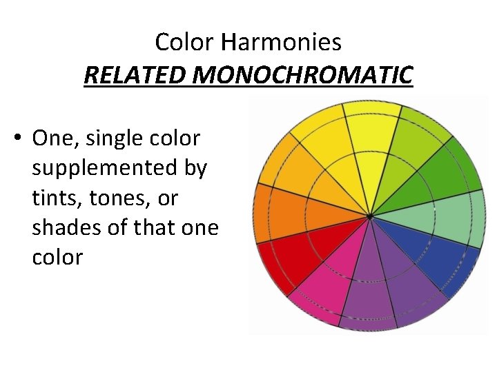 Color Harmonies RELATED MONOCHROMATIC • One, single color supplemented by tints, tones, or shades