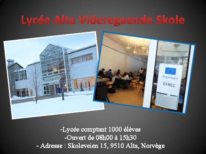 Lycée Alta Videregaende Skole -Lycée comptant 1000 élèves -Ouvert de 08 h 00 à