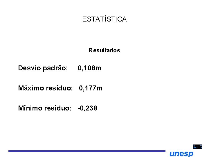 ESTATÍSTICA Resultados Desvio padrão: 0, 108 m Máximo resíduo: 0, 177 m Mínimo resíduo: